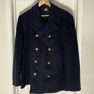 Vintage Rappson Wool Mens Pea Coat Anchor Brass Buttons Gray Blue, Medium